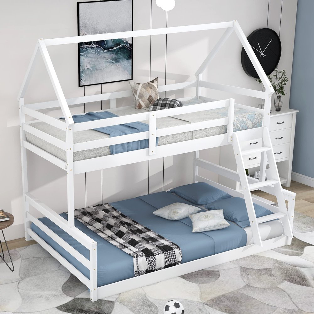 Twin Over Full House Bunk Bed with Built-in Ladder White, Space-Saving Playhouse, Durable Wood Frame