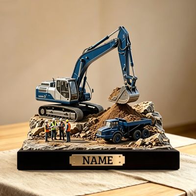 pinymaoy Personalized Excavator Theme Desk Ornament With Name Custom Excavator Style Name Plate Desk Decor Gift for Dad Son Kids Men Constructions Workers (Style 1-5)