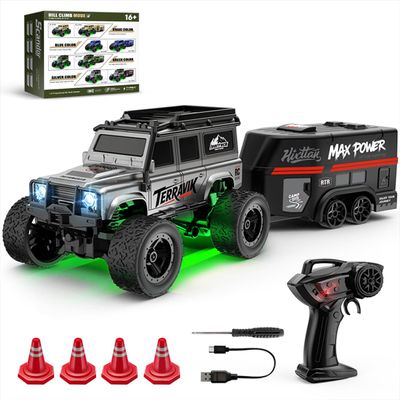 FILONA 1/64 Full Proportional RC Crawler Truck with Trailer, 2.4G Mini Off-Road RC Vehicle with LED Lights, Dual Velocity Mode, for Idoor Play (Grey)