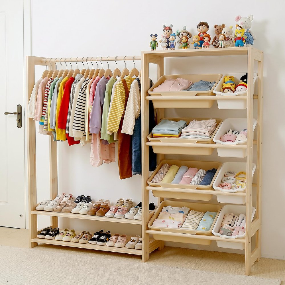 Amdermi Montessori Kids Wardrobe and Toy Storage Organizer with Bins, Wooden Toddler Dress Up Clothes Rack, Open Closet with Shoe Shelves for Childrens Bedroom and Playroom, Natural Wood