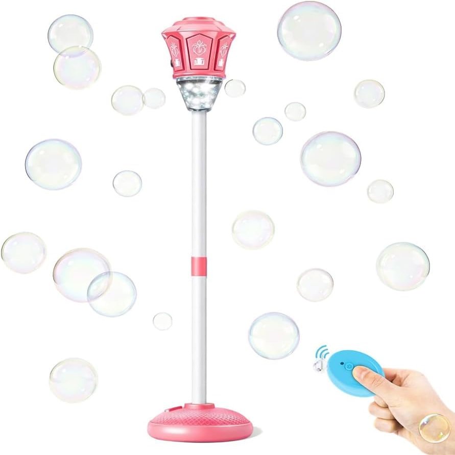 Automatic Bubble Machine - 2026 Adjustable Height Standing Bubble Blower with LED Lights & Music, Electric Bubble Maker for Birthday Party Wedding Outdoor Indoor Activities (Pink)