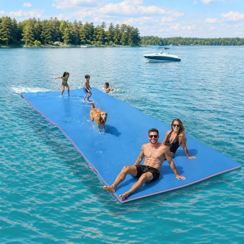 10FT Floating Water Mat for Lake, 1.5 inch Thick Lily Pad Floating Mat for Adults, 3 Layers XPE Foam Lily Pad for Pool, River, Ocean, Boat, Beach(Blue/Red/Blue)