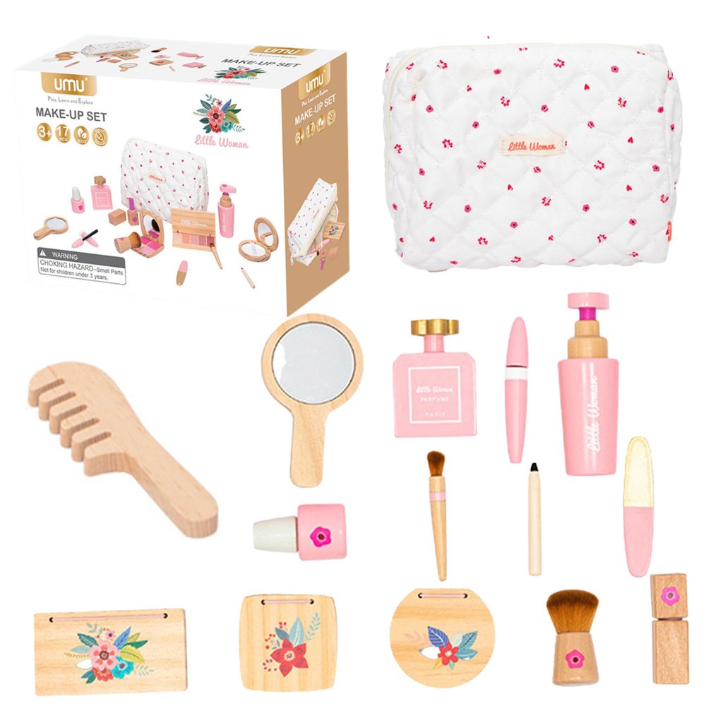 Jorzer Wooden Makeup Toy Set Comprehensive Early Educational Makeup Imaginative Interactive Pretend Cute Smooth Toy with Cotton Bag, for Girls Toys Games..