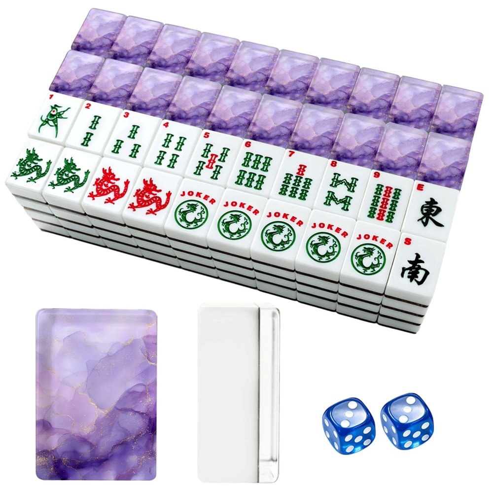 American Mahjong Tile Set Violet lavender liquid watercolor marble golden lines Pastel purple 166 Acrylic Mahjong Tiles 1.4" Large Mahjong Game Set with Bag and Accessories for Gift Travel Party