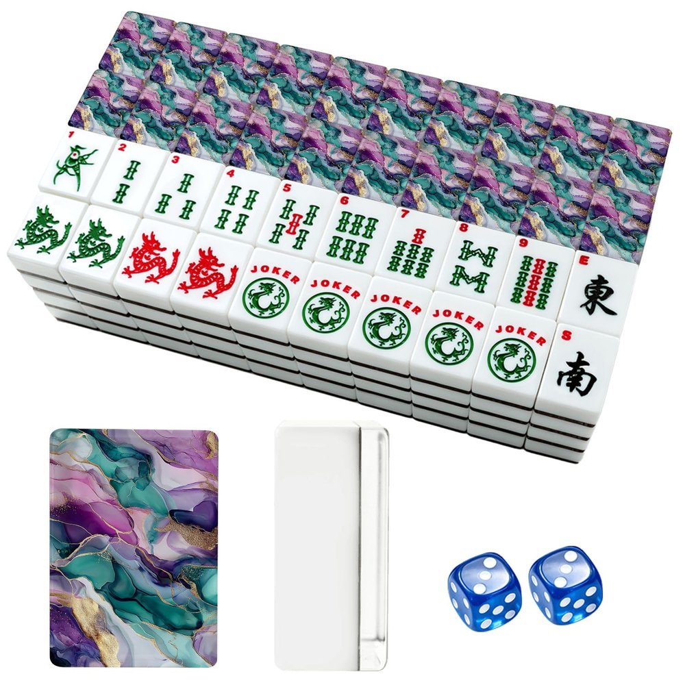 American Mahjong Tile Set oil paint Marble Pink Water Color Blue Ink Paint Purple Ink Watercolor 166 Acrylic Mahjong Tiles 1.4" Large Mahjong Game Set with Bag and Accessories for Gift Travel Party