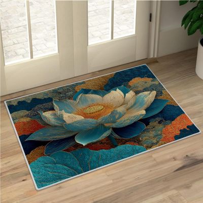 Retro Zen Rug - Water Lilies 4x6 Rugs for Living Room Bedroom Low Pile Indoor Washable Lotus Door Mat Non-Slip Soft Floor Carpet Blue Throw Indoor for Boys Girls A194