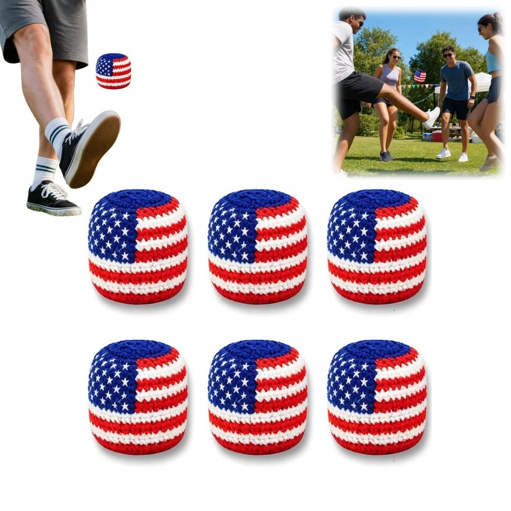 4th of July Knit Footbag, Patriotic Star Flag Sandbags for Adults, Red White Blue Decor Juggling Balls for Memorial Day, Independence Day Outdoor Play (6pack)