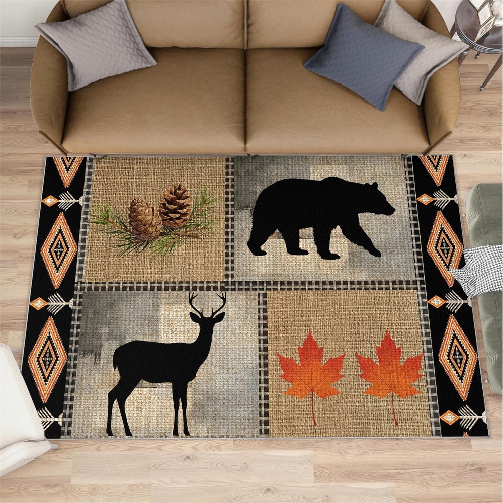 Bear Cabin Rug for Kids Room, Deer Rustic Rug 5x6, Western Wildlife Bedroom Rugs Washable & Non Slip Carpet for Home Decor