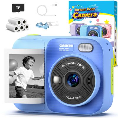 Kids Instant Print Camera with 5 Rolls Print Paper, 1080P HD Camera, Rechargeable Portable Toddler Selfie Camera, Christmas Birthday Gifts Toys for Boys Girls Age 3-12 (Blue)
