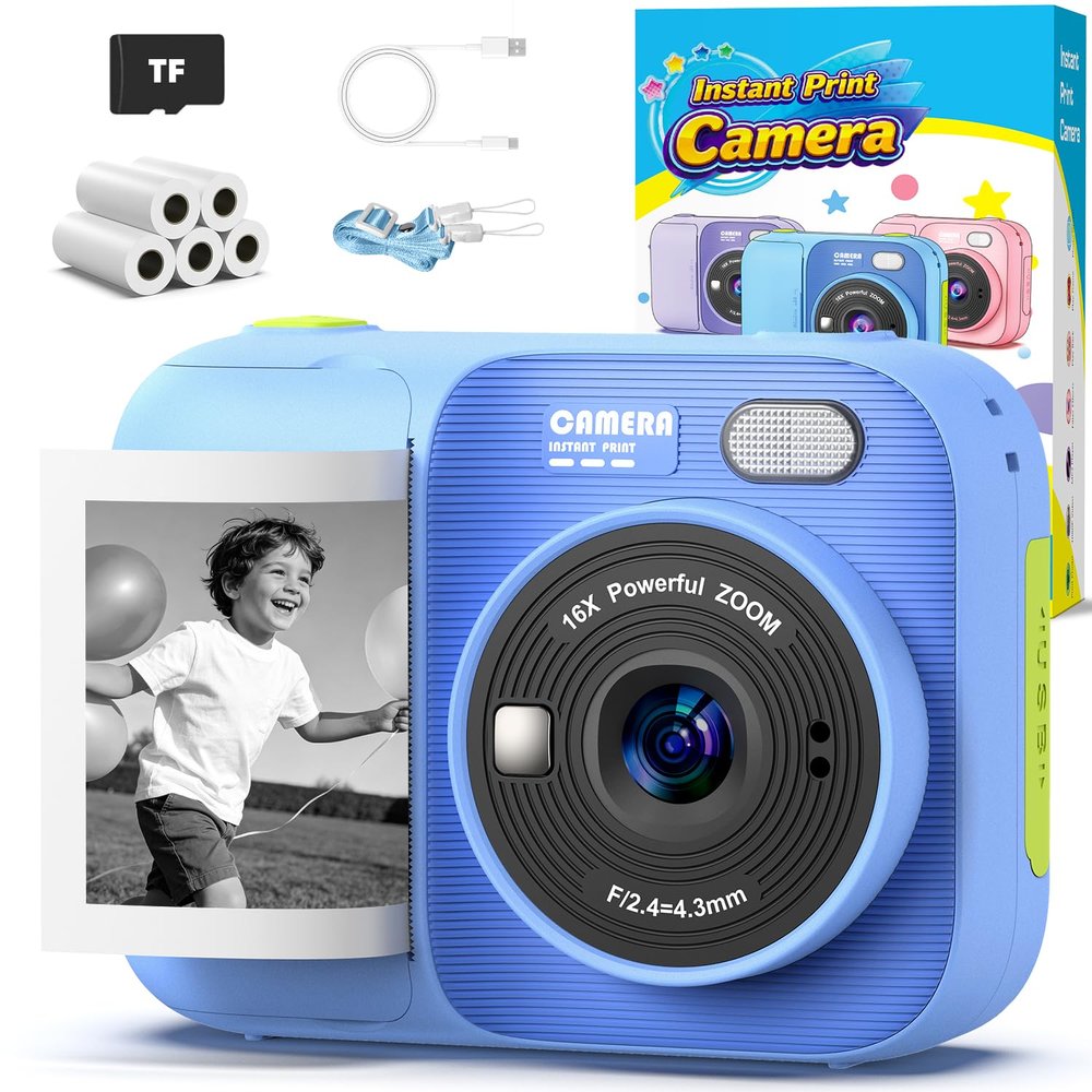 Kids Instant Print Camera with 5 Rolls Print Paper, 1080P HD Camera, Rechargeable Portable Toddler Selfie Camera, Christmas Birthday Gifts Toys for Boys Girls Age 3-12 (Blue)