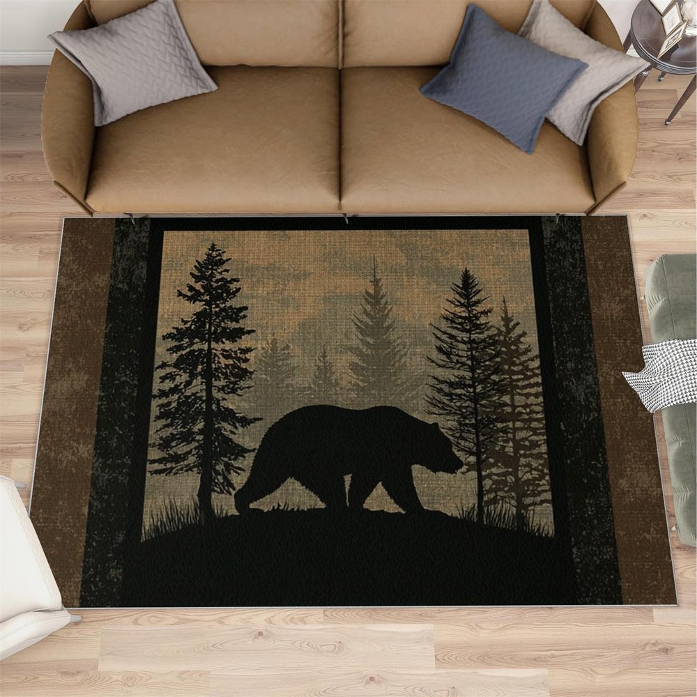 Bear Cabin Rug for Kids Room, Forest Rustic Rug 5x6, Western Wildlife Bedroom Rugs Washable & Non Slip Carpet for Home Decor