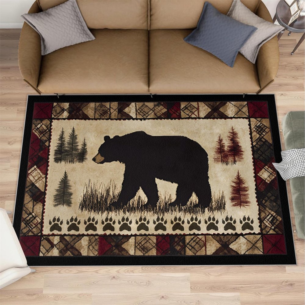 Bear Cabin Rugs for Boys Room, Retro Aztec Rustic Area Rug 4x5, Western Wildlife Outdoor Rug Washable & Non Slip Carpet for Home Decor