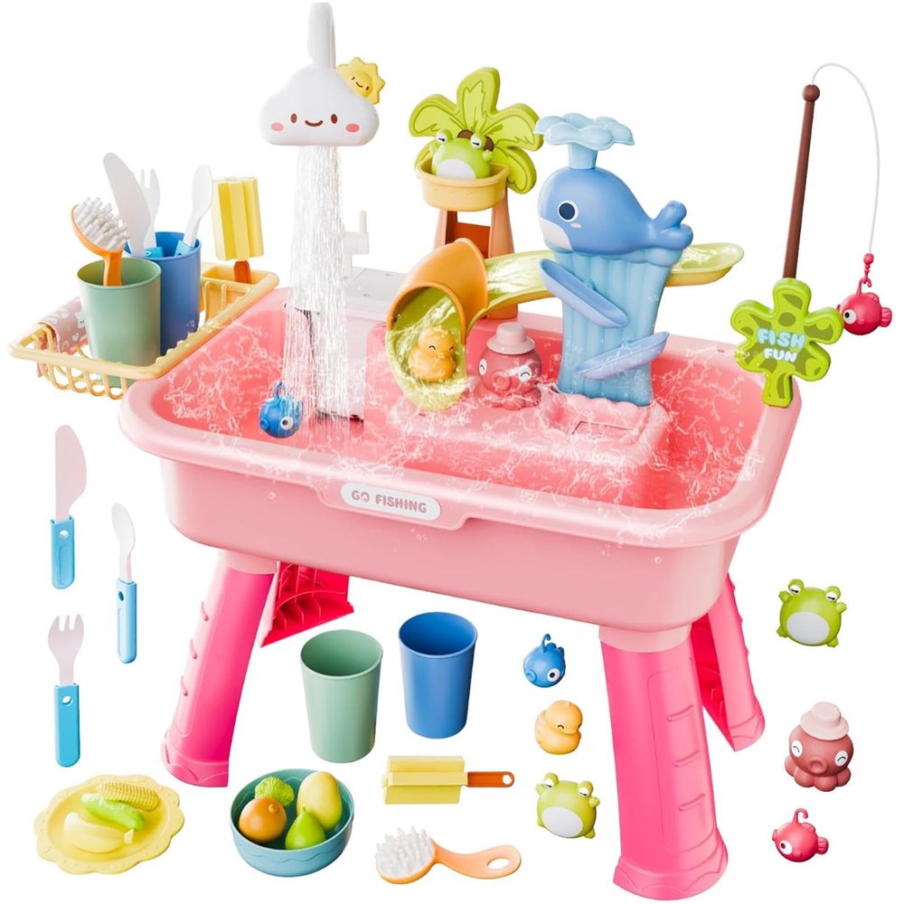 2026 Upgraded Version Water Table for Kids - 4 in 1 Kids Water and Sand Activity Sensory Playse | Summer Outdoor Toys with Running W-ater and Pump for Boys Girls Ages 4-8 Summer Outdoor Pool