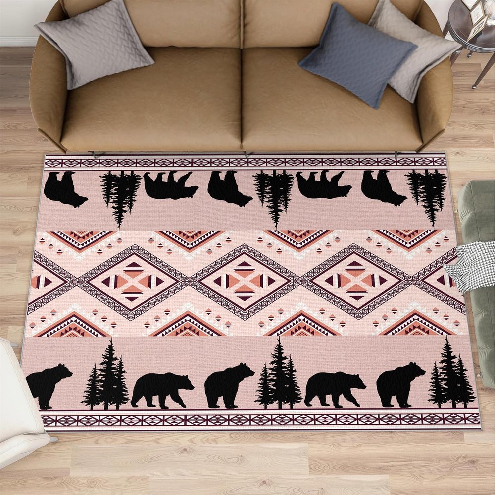 Bear Cabin Rug for Kids Room, Aztecs Rustic Rug 5x6, Western Wildlife Bedroom Rugs Washable & Non Slip Carpet for Home Decor