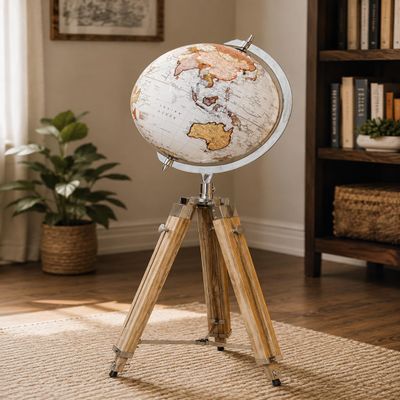 Antique Handicrafts 12 Floor World Map Sphere with Wooden Tripod Stand, 68 Tall Vintage Rotating Atlas, Freestanding Decorative for Home Office, Educational for Adults & Kids