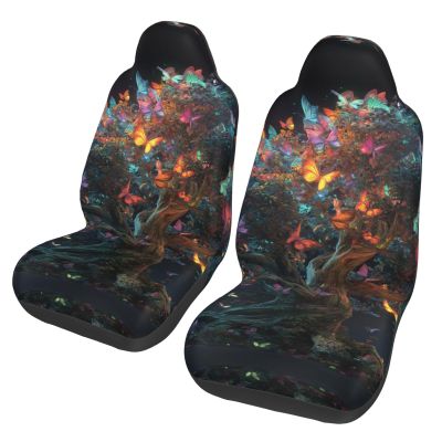GENTERUN Glowing Butterfly Tree Car Seat Covers Set of 2 Universal Fit Polyester Stretch Seat Protectors for Car SUV Truck Easy Install Washable