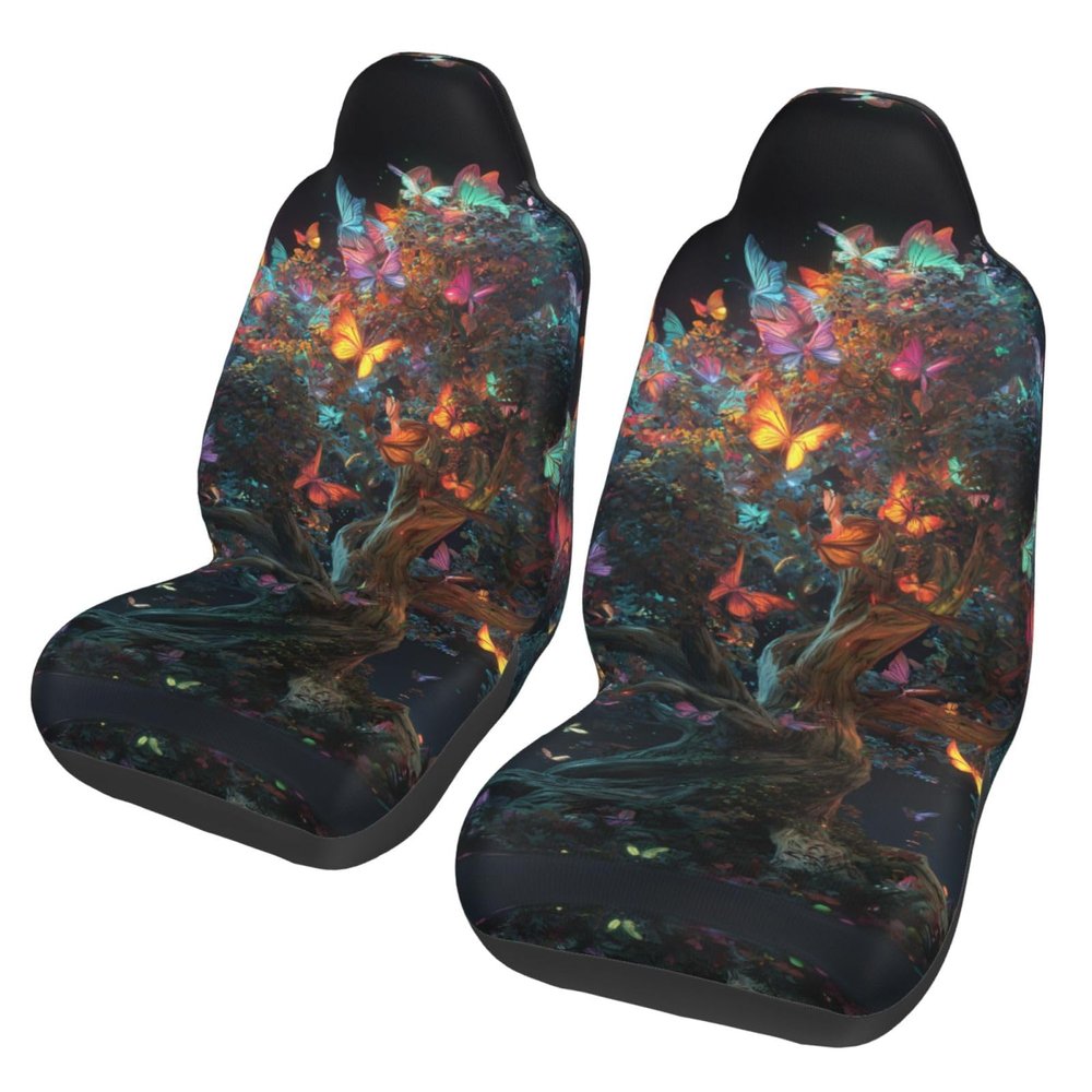 GENTERUN Glowing Butterfly Tree Car Seat Covers Set of 2 Universal Fit Polyester Stretch Seat Protectors for Car SUV Truck Easy Install Washable