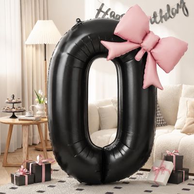 40 Inch Black Numbers 0-9 with Pink Bow Balloon for Birthday Decorations