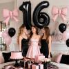 40 Inch Black Numbers 0-9 with Pink Bow Balloon for Birthday Decorations view 4