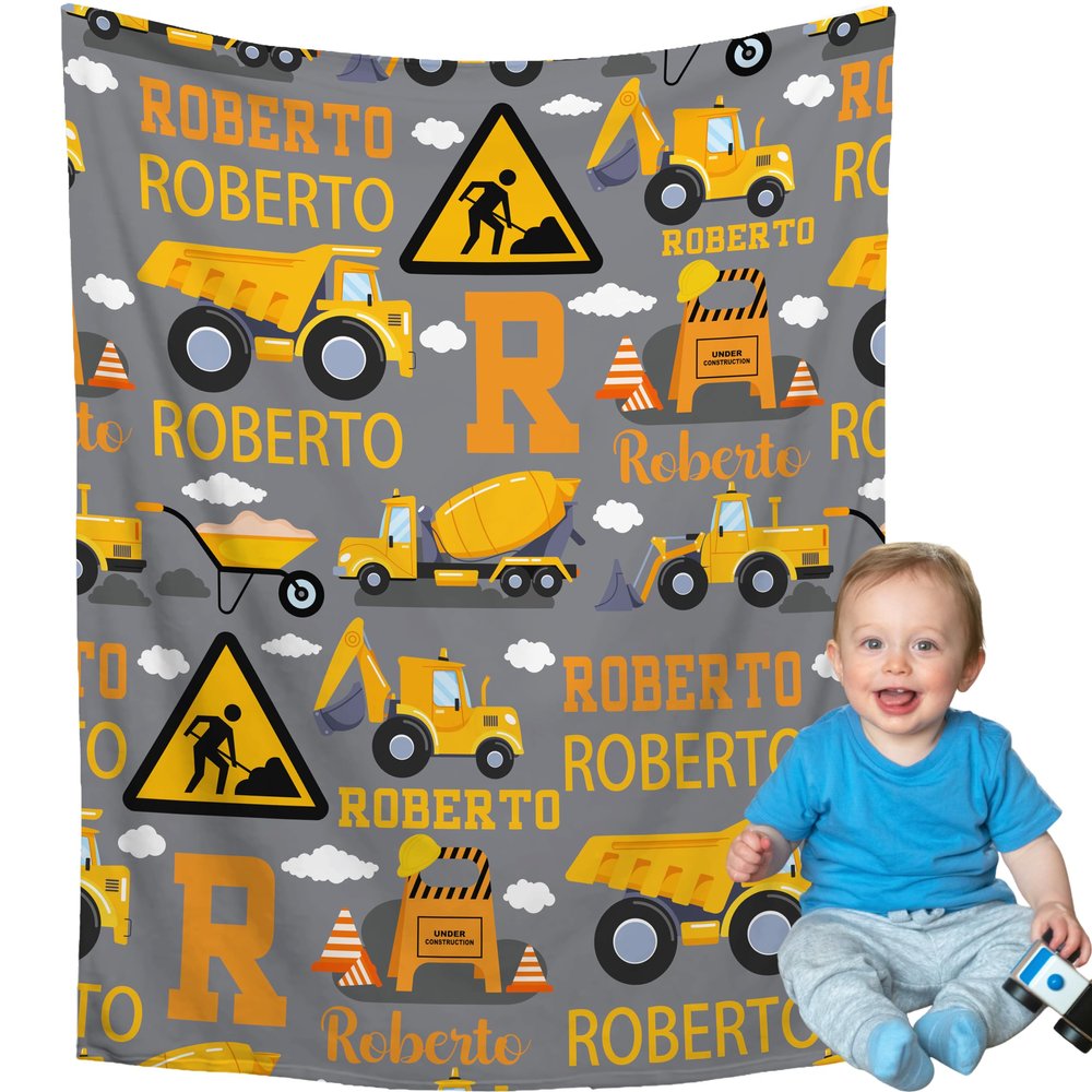Personalized Construction Trucks Blanket for Girl Boy Custom Construction Dump Truck Baby Blanket with Name Soft Swaddle Toddler Blanket with Truck for Baby Shower Infant Crib Stroller Sofa Bed30 x40