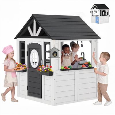 Firstness Outdoor Playhouse for Kids Wooden Cottage Play House Toddler Outdoor Playhouse for Kids Ages 3-8 Backyard Playhouse with Play Kitchen, Doorbell, Flowerpot, Bird Cage, Pet Door, Sink, Black