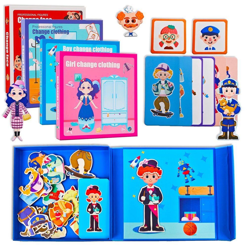 Flamax 4-in-1 Magnetic Face Toy & Dress Up Dolls for Kids, 160+ Pcs Magnet Puzzles Game, Girl, Boy, Faces, Occupation Magnet Dress-Up Doll Pretend Play Set, Magnetic Face Toy & Dress Up Dolls