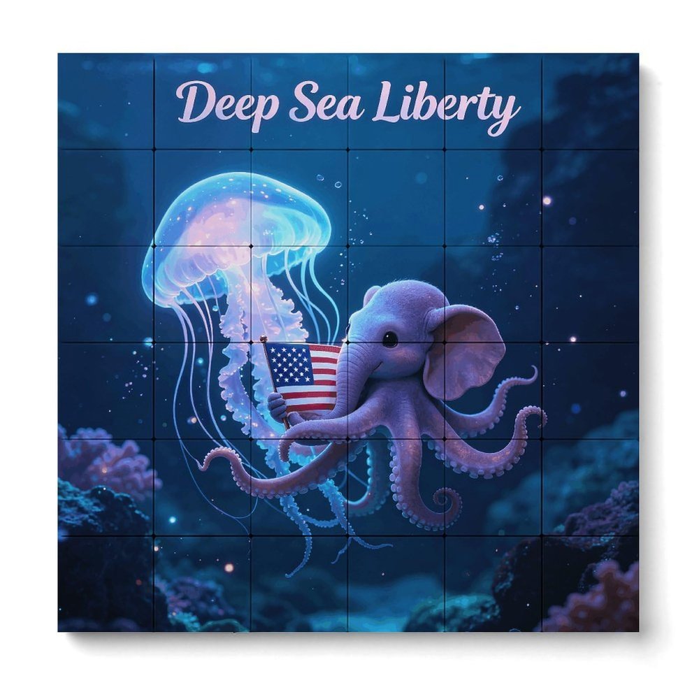 Building Block Puzzle Ornament, Deep Sea Octophant with Us Flag Printed Plastic Desktop Decor 7.57.5 Inch, Lightweight Tabletop Ornament for Home Office Living Room Bedroom