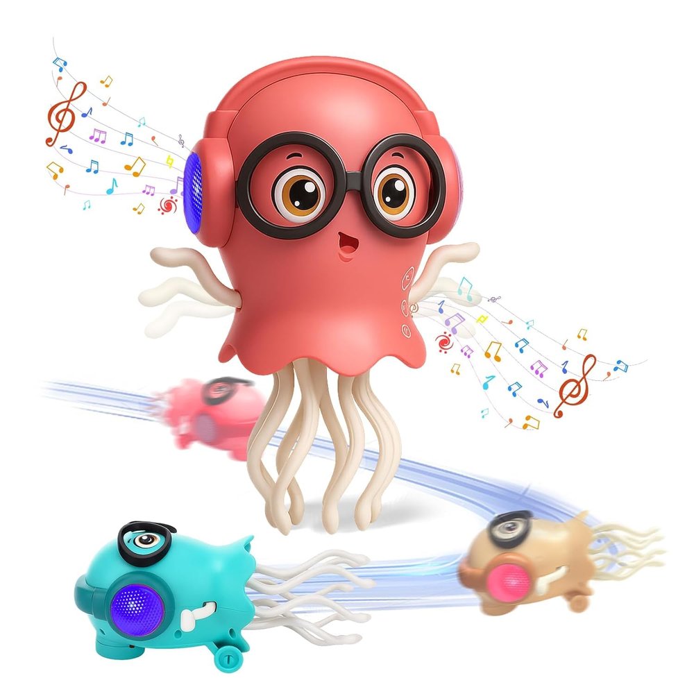 Dancing Jellyfish Baby Toy with LED Lights & Twisting Tentacles 360 Rotating Musical Crawling Toy with Obstacle Avoidance Interactive Light Up Toddler Toy for Kids Boys & Girls 1+ Year