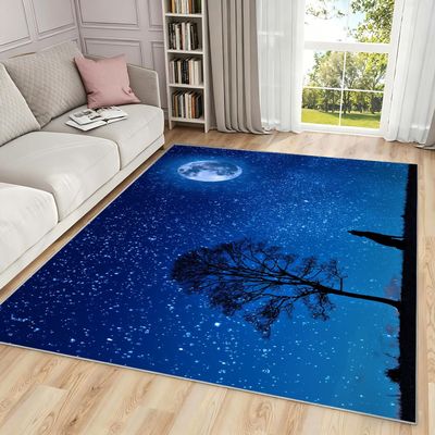 2x3 Moon Celestial Door Mat for Entryway, Blue Moon Night Rugs for Bedroom Living Room Decor, Washable Starry Sky Small Rug, Non-Slip Low Pile Front Door Rug Do-W13