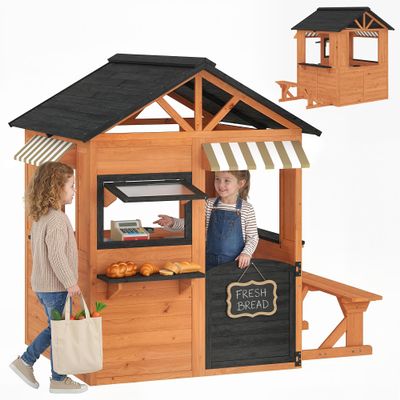 Qaba Outdoor Playhouse, Large Wooden Kids Playhouse with Play Kitchen and Picnic Bench, Kids Cottage with Serving Station, Windows, Door for Backyard, Indoor Playroom Imaginative Play, Ages 38, Brown