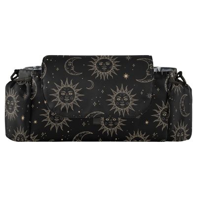 Jynexis Sun Moon Black Print Universal Stroller Organizer with Shoulder Strap & Cup HolderBaby Stroller Caddy Bag for Walking and Shopping