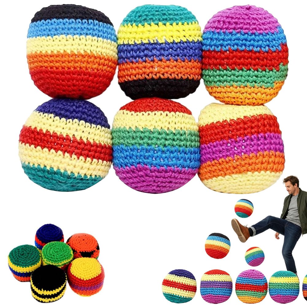 Hand-Made Knitted Footbag, 6/12/24 PCS Knitted Hacky Bag Set, Crochet Kick Bags for Adults, Colorful Juggling Footbag for Outdoor Party Game, Handwoven Toss Pack (6PCS)