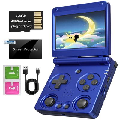 Anbernic RG34XXSP Foldable Retro Handheld Game with 3.4 Inch IPS Screen Linux System Built-in 64G TF Card 5000+ Games Handheld Emulator Support 5G WiFi Bluetooth TV Output(Blue)