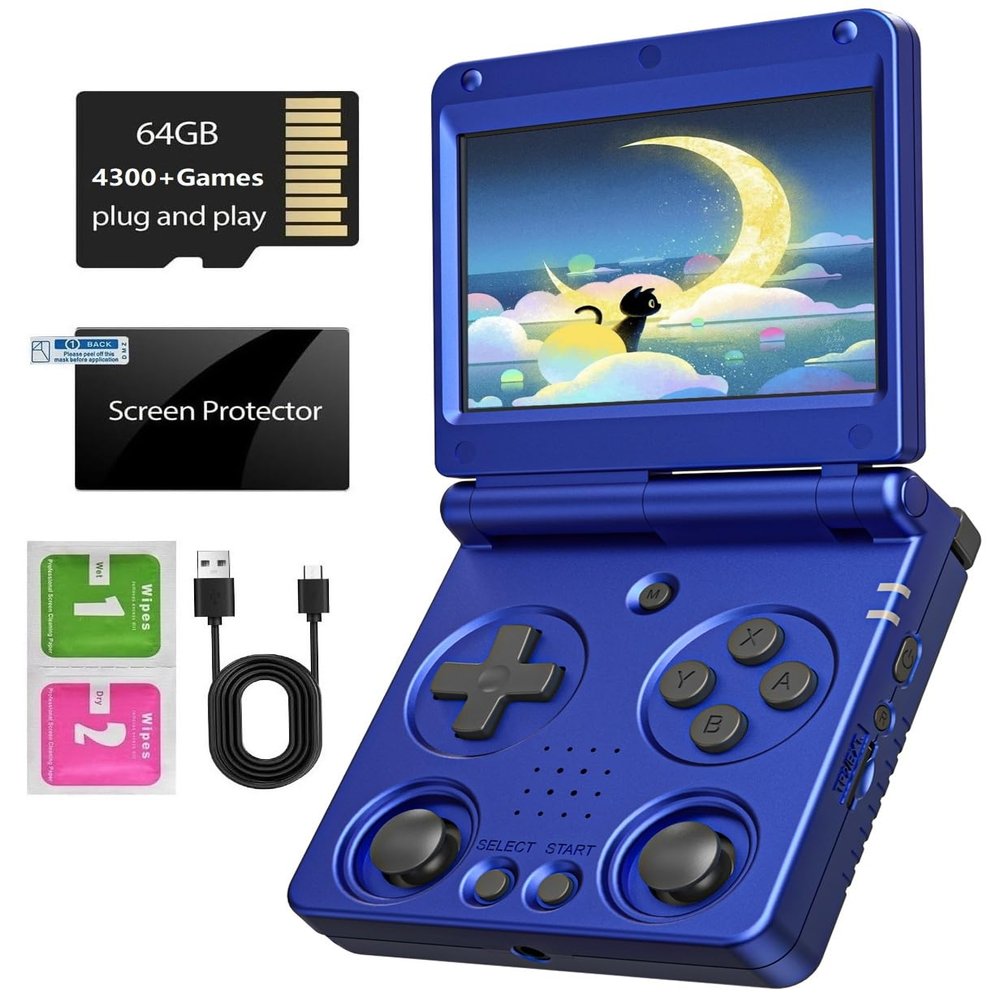 Anbernic RG34XXSP Foldable Retro Handheld Game with 3.4 Inch IPS Screen Linux System Built-in 64G TF Card 5000+ Games Handheld Emulator Support 5G WiFi Bluetooth TV Output(Blue)