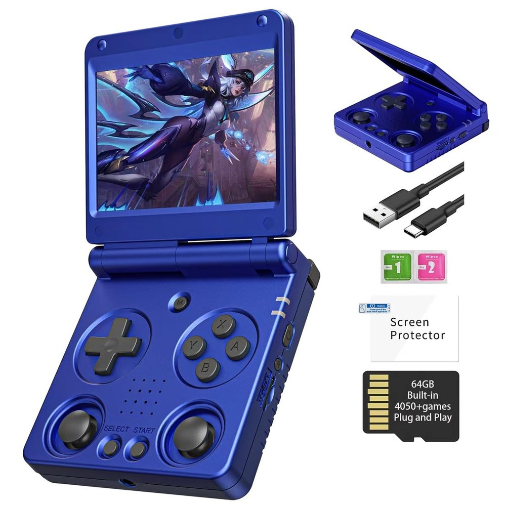 Anbernic RG34XXSP FILP Retro Handheld Game Console RG34XX SP Portable Game Console Linux 3.4 ''IPS 64G Card with 3545+Preloaded Games 3300mAh RG 34XXSP Retro Gaming Console WiFi HDMI Bluetooth Blue