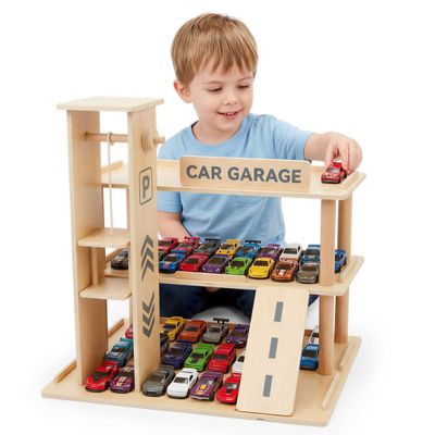 Woodtoe Wooden Display Case, 1/64 Scale Diecast Toy Car Shelf for Kids 3+