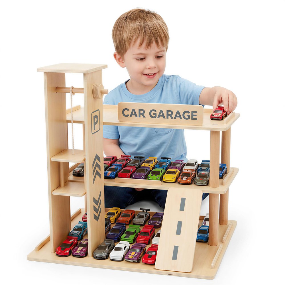 Woodtoe Wooden Display Case, 1/64 Scale Diecast Toy Car Shelf for Kids 3+
