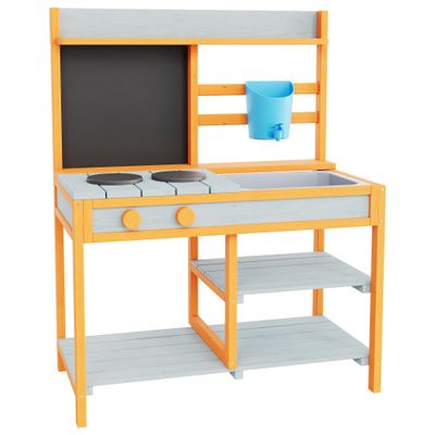 Educational Wooden Outdoor Mud Kitchen for Kids Pretend Play Sand & Water Table Includes Basin, Faucet, Chalkboard, Storage Shelves