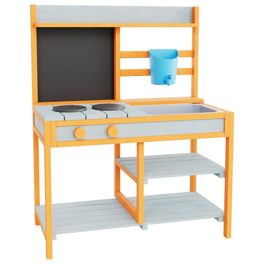 Educational Wooden Outdoor Mud Kitchen for Kids Pretend Play Sand & Water Table Includes Basin, Faucet, Chalkboard, Storage Shelves