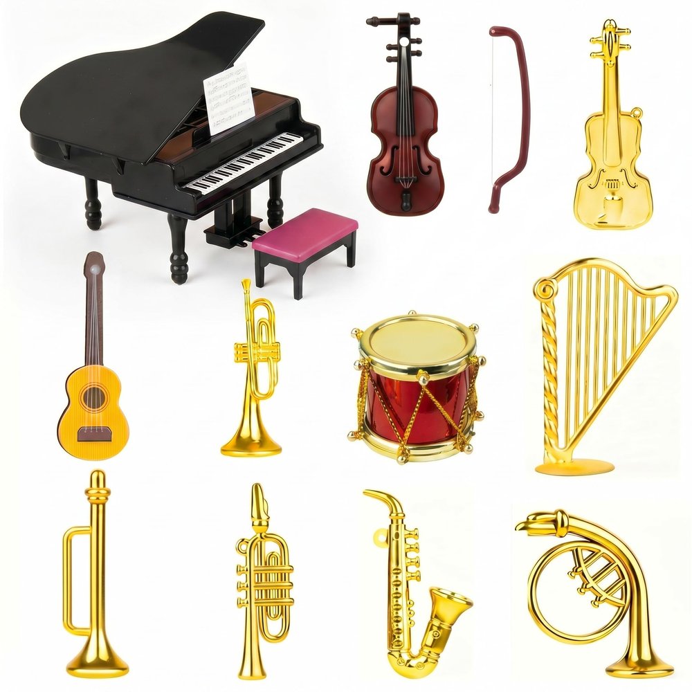 13 Pcs Dollhouse Musical Instruments 1:12 Scale, Miniature Grand Piano Violin Harp Guitar Drum Set, Mini House Music Room Decor Action Figure Props, Tiny Ornament Accessories for Kids Adults