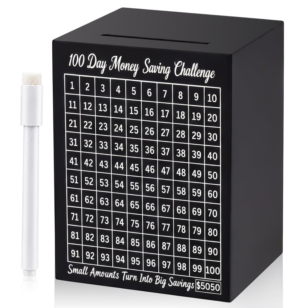 Acellegic Black 6.5inch Money Saving Box Unbreakable Piggy Bank for Adults Save 5, 050 Metal Savings Piggy Bank 100 Day Money Saving Challenge Stainless Steel Box Must Break to Open