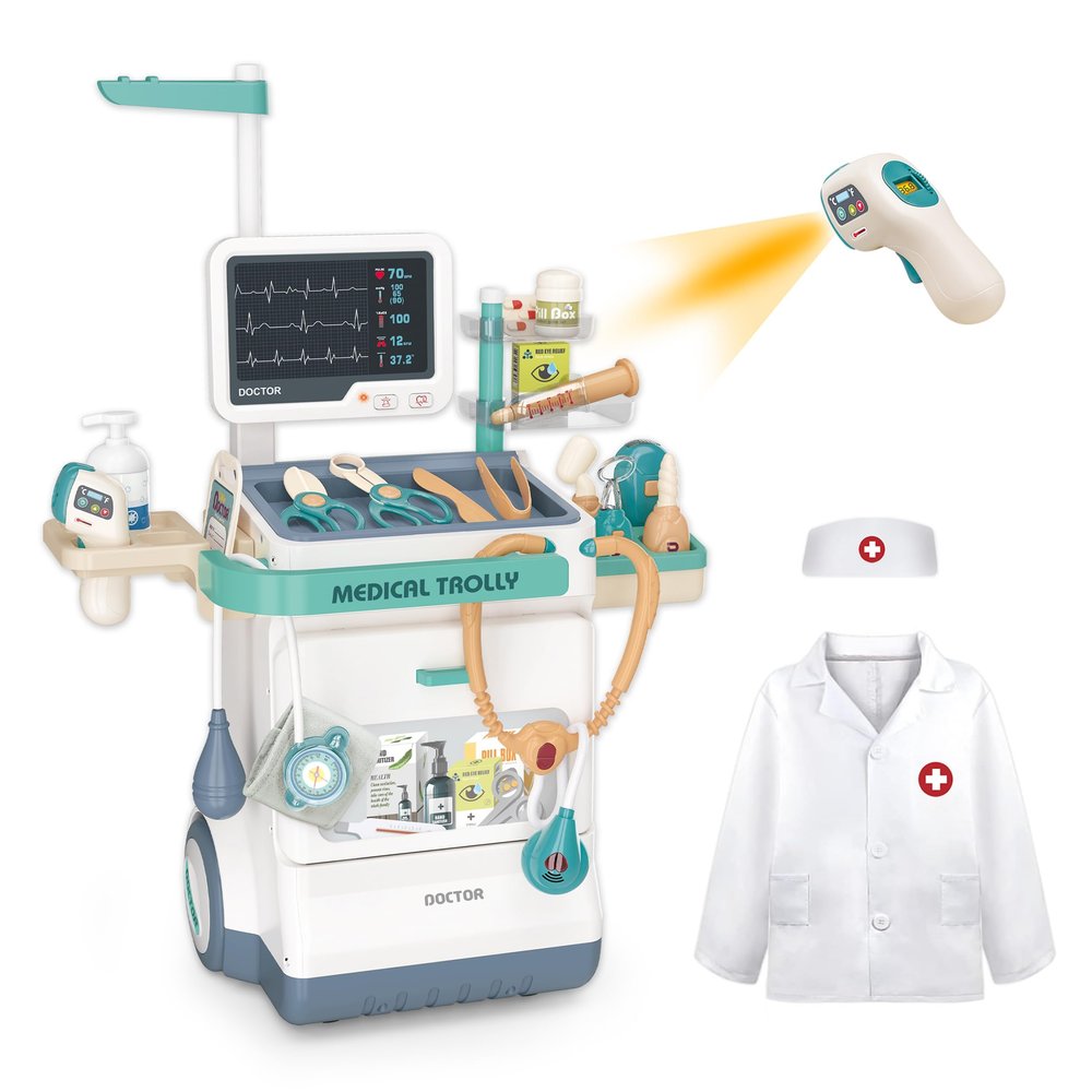 Kids Doctor Cart Kit,Doctor's Uniform,Thermometer & Storage Space,Ages 3-5