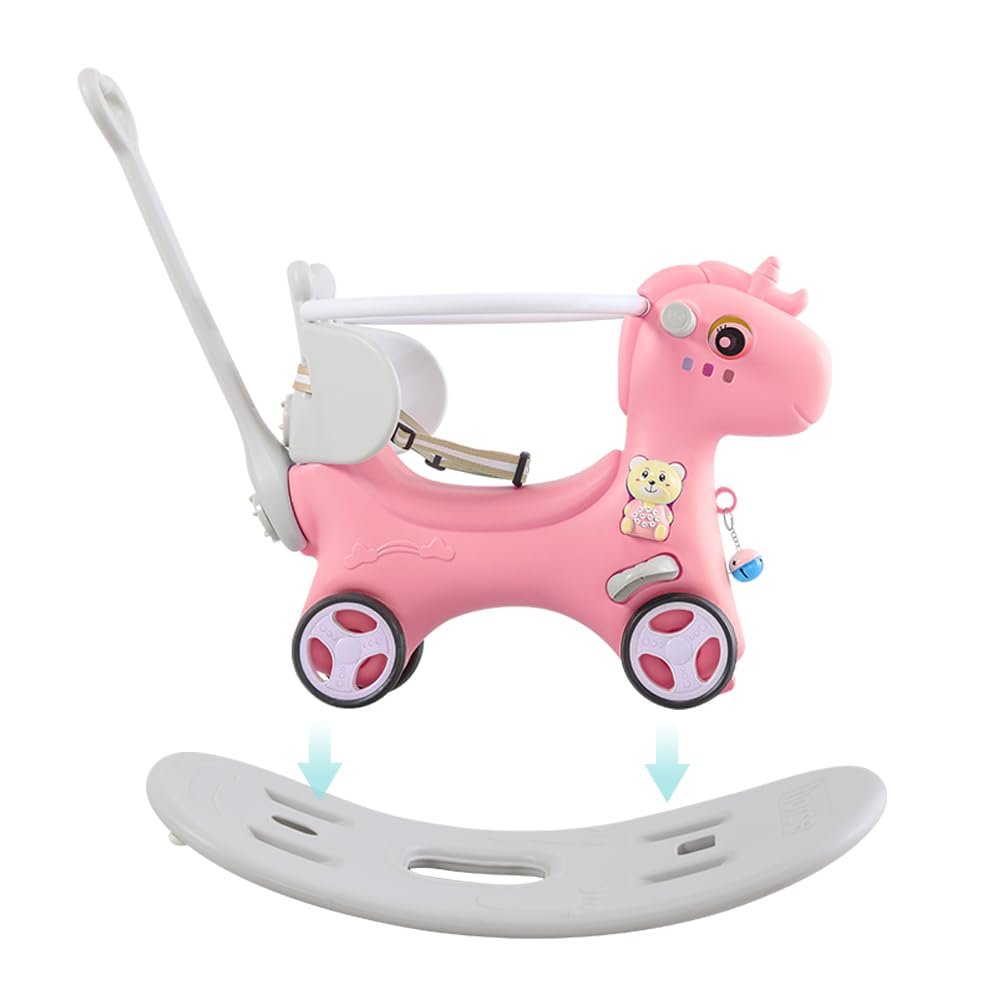 Tidyard Rocking Horse for Toddlers, Balance Bike Ride On Toy with Push Handle Backrest and Balance Board Pink HDPE for 1-3 Year Old Boys and Girls Indoor Outdoor Play