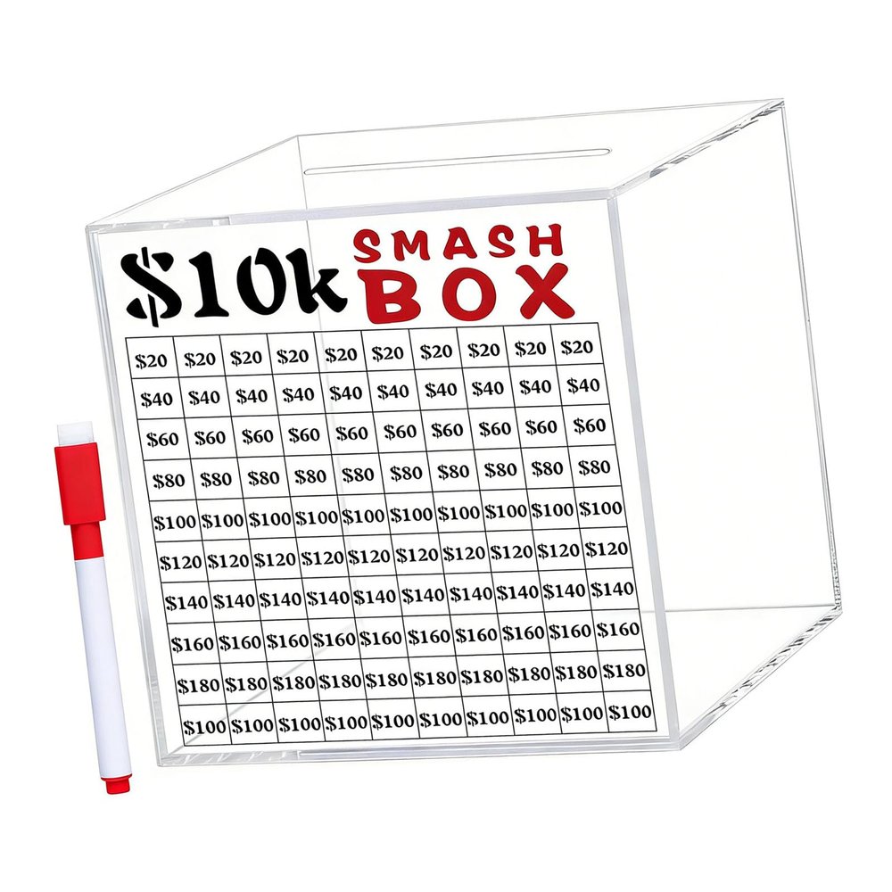10K Smash Box,Clear Acrylic Unbreakables Piggy Banks Adult,Money Saving Challenge for Cash Coin,Must Break to Open Break to Open and Coin Collection