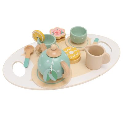 Asixxsix Tea Party Set, Toddler Friendly Size Anti Swallowing Safety Premium Pine Wood Wooden Tea Set for Kids, Toy with Rich Accessories Trays Teapots Cups for Children Over