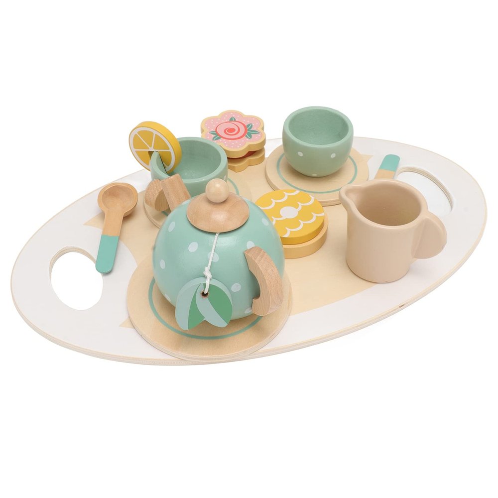 Asixxsix Tea Party Set, Toddler Friendly Size Anti Swallowing Safety Premium Pine Wood Wooden Tea Set for Kids, Toy with Rich Accessories Trays Teapots Cups for Children Over