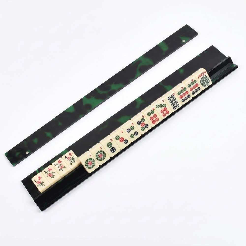 1PCS Mahjong Racks with Pushers, Wavy Edge Design & Magnetic Closure, 17.5 Inch Acrylic Green Tortoiseshell Pattern for American Mahjong Tiles