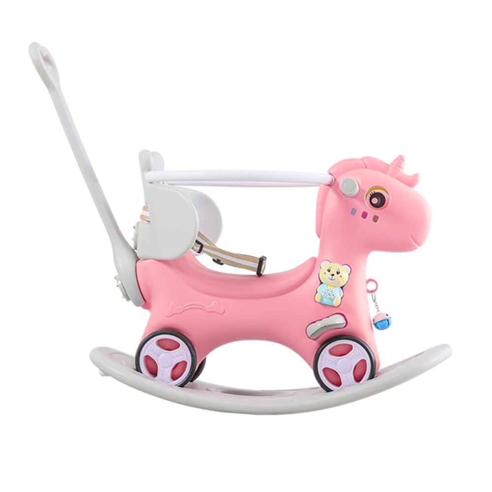 Gecheer Rocking Horse Toy for Toddlers 1-3 Years Old Unicorn Ride-On with Push Handle, Adjustable Backrest, Balance Board & Sound Button Pink