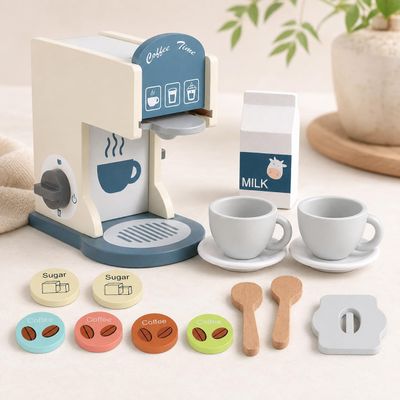 Wooden Toy Coffee Maker for Kids - Pretend Play Coffee Machine with Pods, Cups & Accessories, Little Barista Kitchen Role Play Playset, Screen for Toddlers Boys Girls Ages 3+