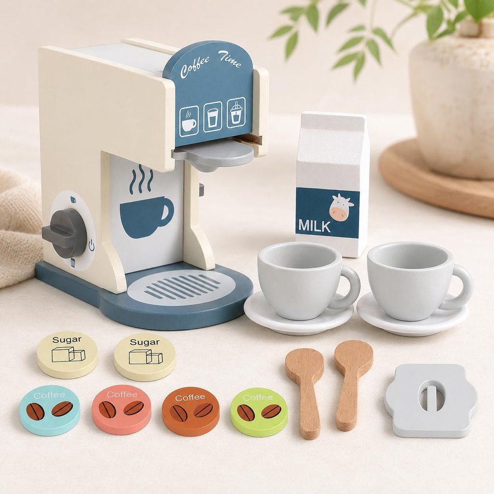 Wooden Toy Coffee Maker for Kids - Pretend Play Coffee Machine with Pods, Cups & Accessories, Little Barista Kitchen Role Play Playset, Screen for Toddlers Boys Girls Ages 3+